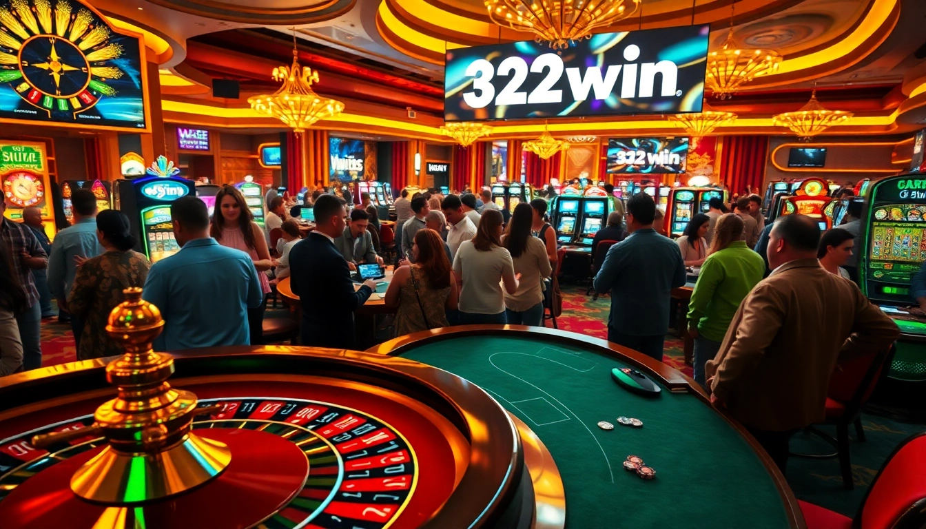 Experience 32win's thrilling casino atmosphere with players at poker tables and vibrant slot machines.