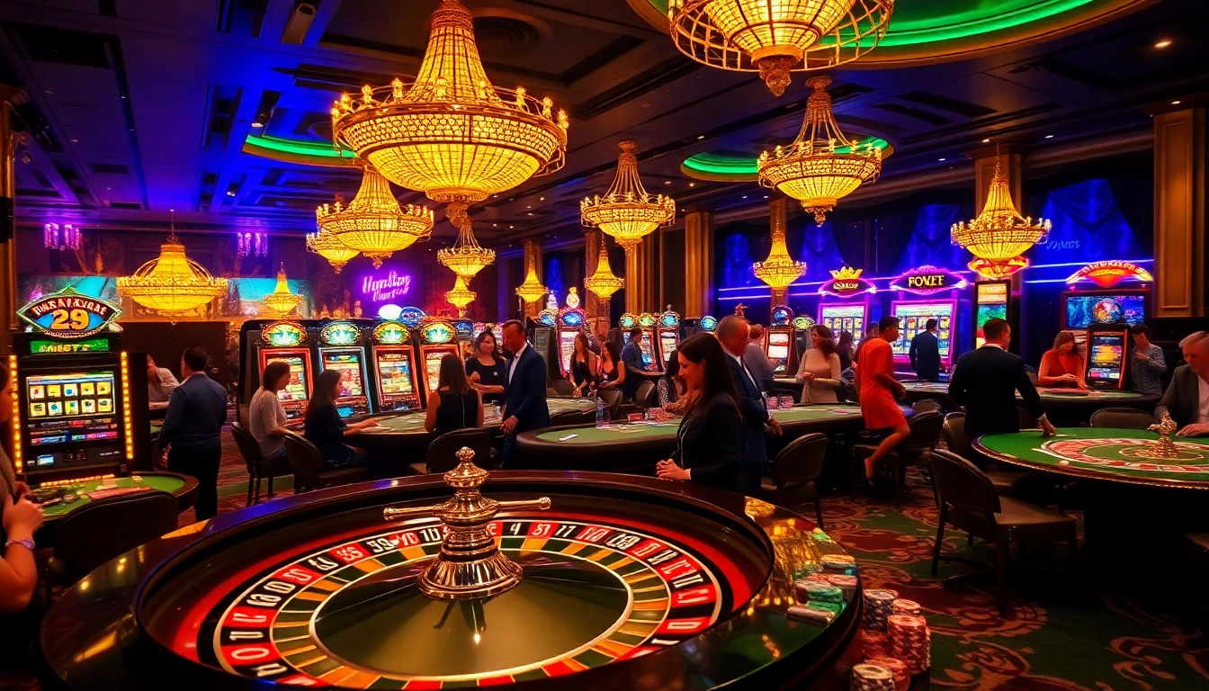 Experience the thrill of 32win as players engage at a bustling roulette table amidst dazzling casino lights.
