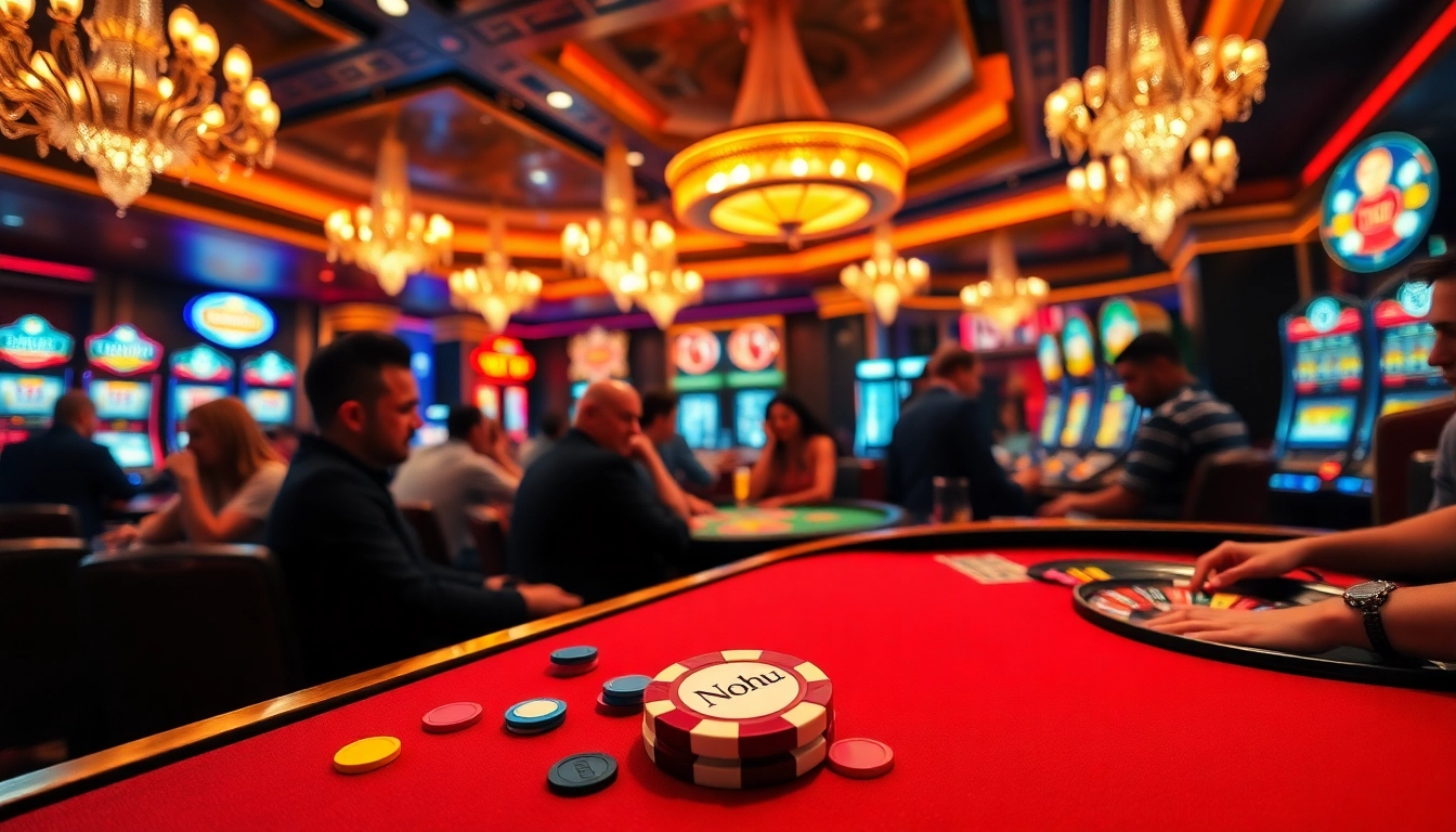 Nohu casino scene with players at the poker table and roulette wheel in a vibrant gaming atmosphere.