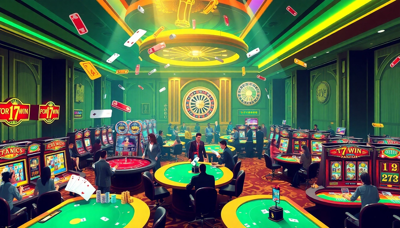 78win casino scene with players engaged in exciting table games, showcasing colorful slot machines and lively atmosphere.