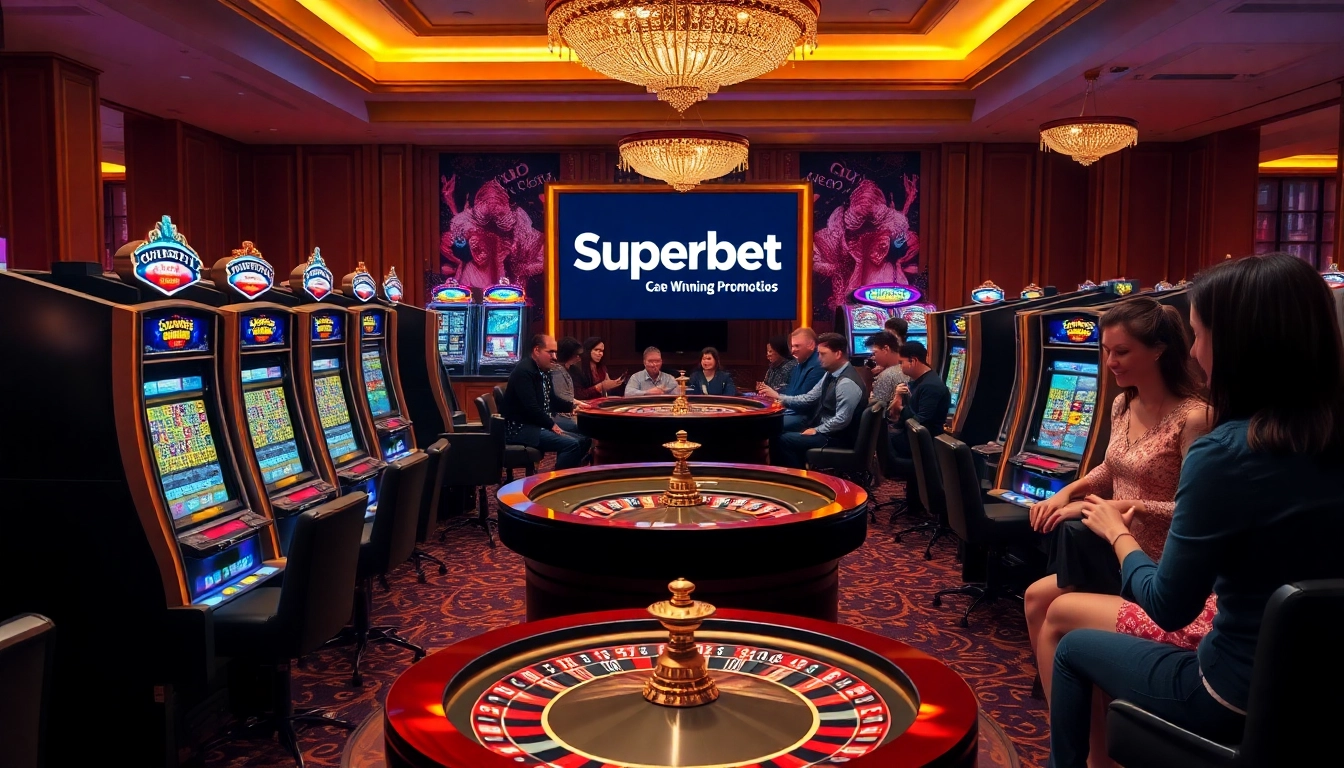 Superbet features an upscale casino scene with live players enjoying roulette and slot machines.