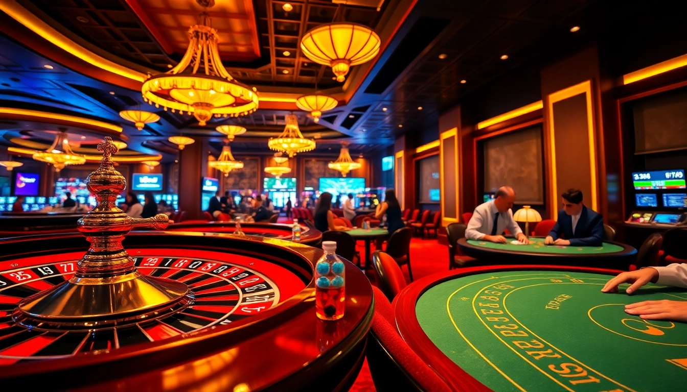 F8BET Casino lobby with players at blackjack and roulette tables.