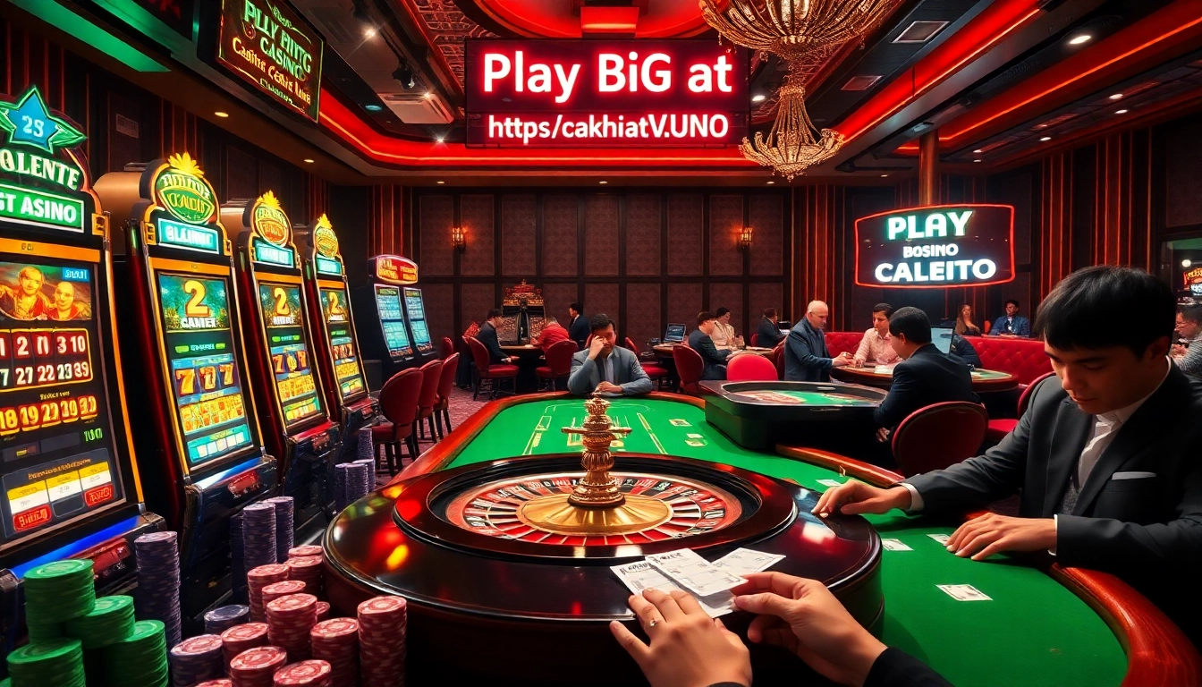 Experience gaming excitement at https://cakhiatv.uno with colorful slot machines and poker tables in a lavish casino.